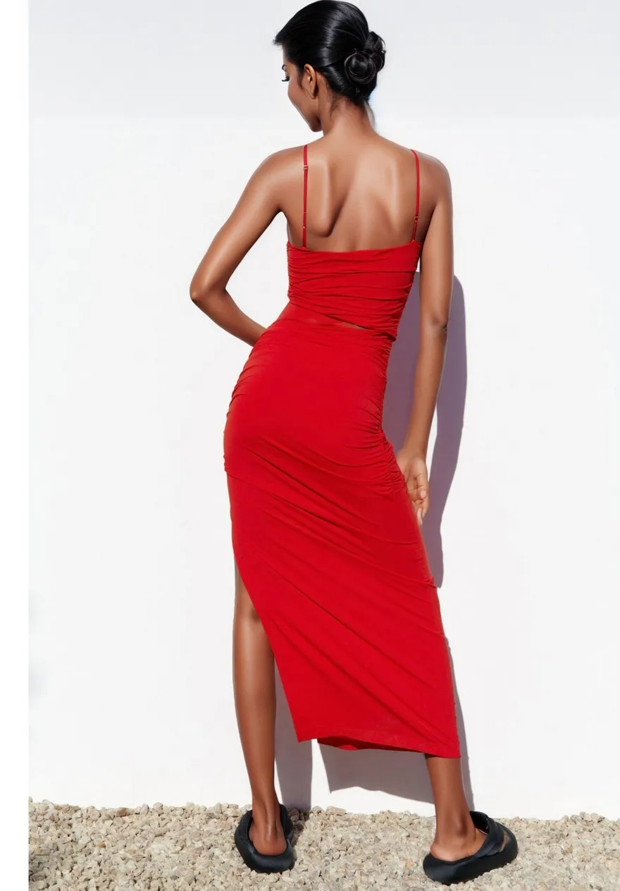 Red Cutout Side Slip Maxi Dress