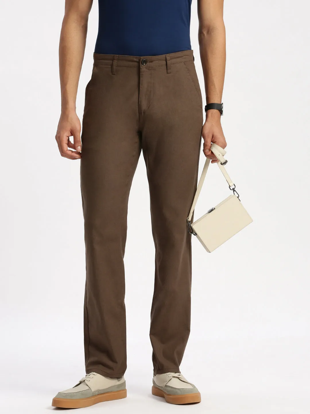 Regular Fit Coffee Mid Rise Cotton Lenin Trousers
