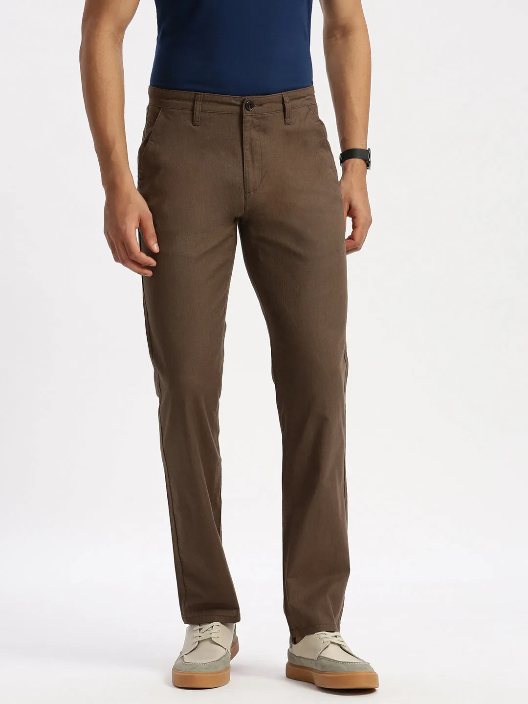 Regular Fit Coffee Mid Rise Cotton Lenin Trousers