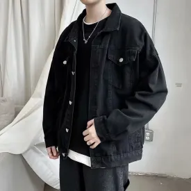 Riolio Black Denim Short Jacket Men Turn Down Collar Bomber Jacket Jeans Coats Casual Pockets Overalls Streetwear Man Clothing Outwear