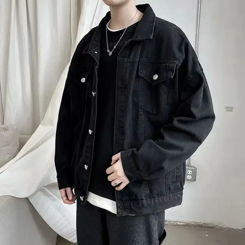 Riolio Black Denim Short Jacket Men Turn Down Collar Bomber Jacket Jeans Coats Casual Pockets Overalls Streetwear Man Clothing Outwear