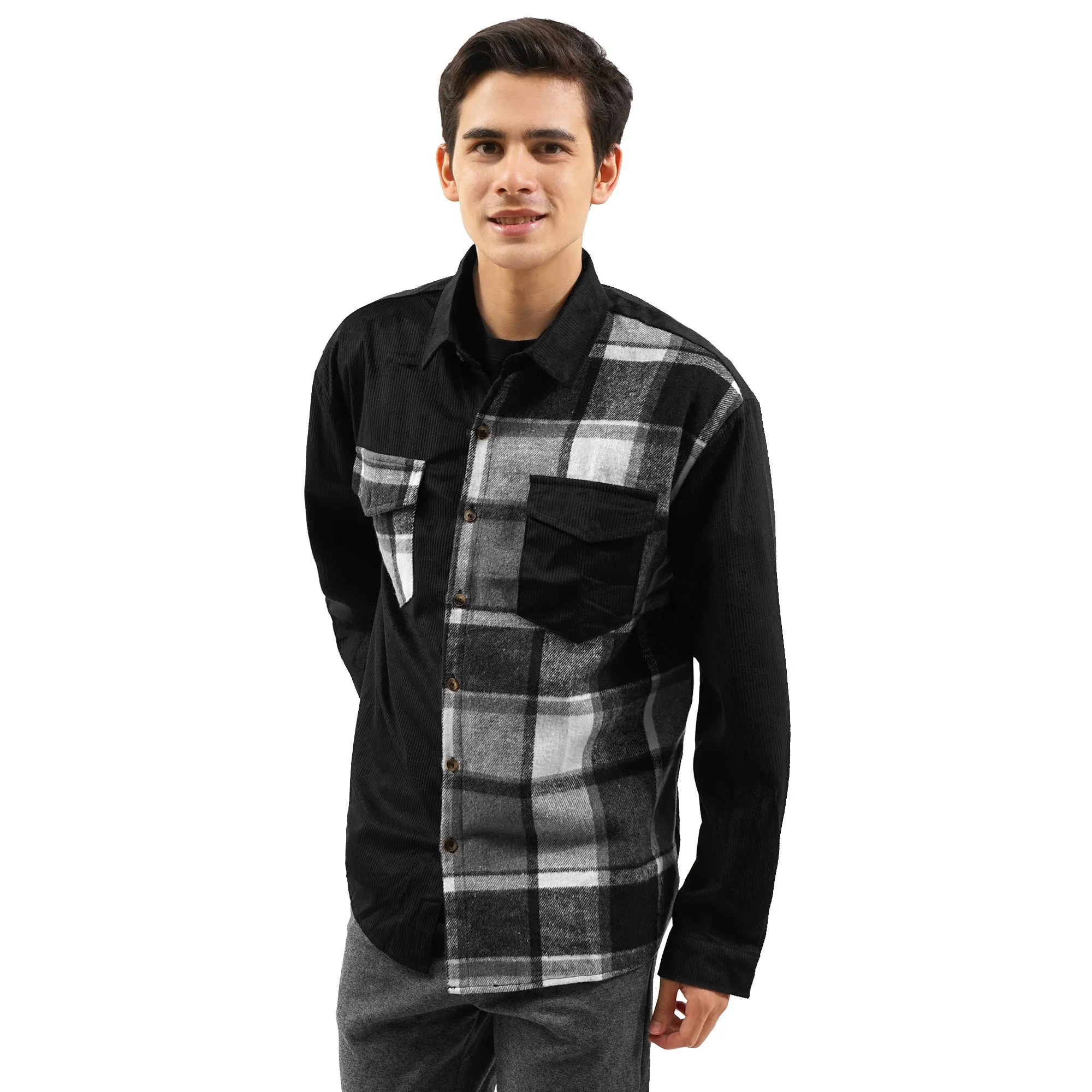 SHN Corduroy and Flannel Color-Block Long Sleeve Shirt