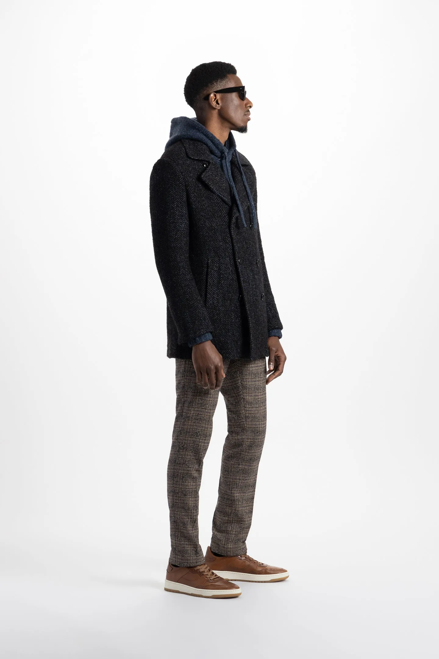 Soft Cloth Portland Peacoat in Boucle Herringbone - Black
