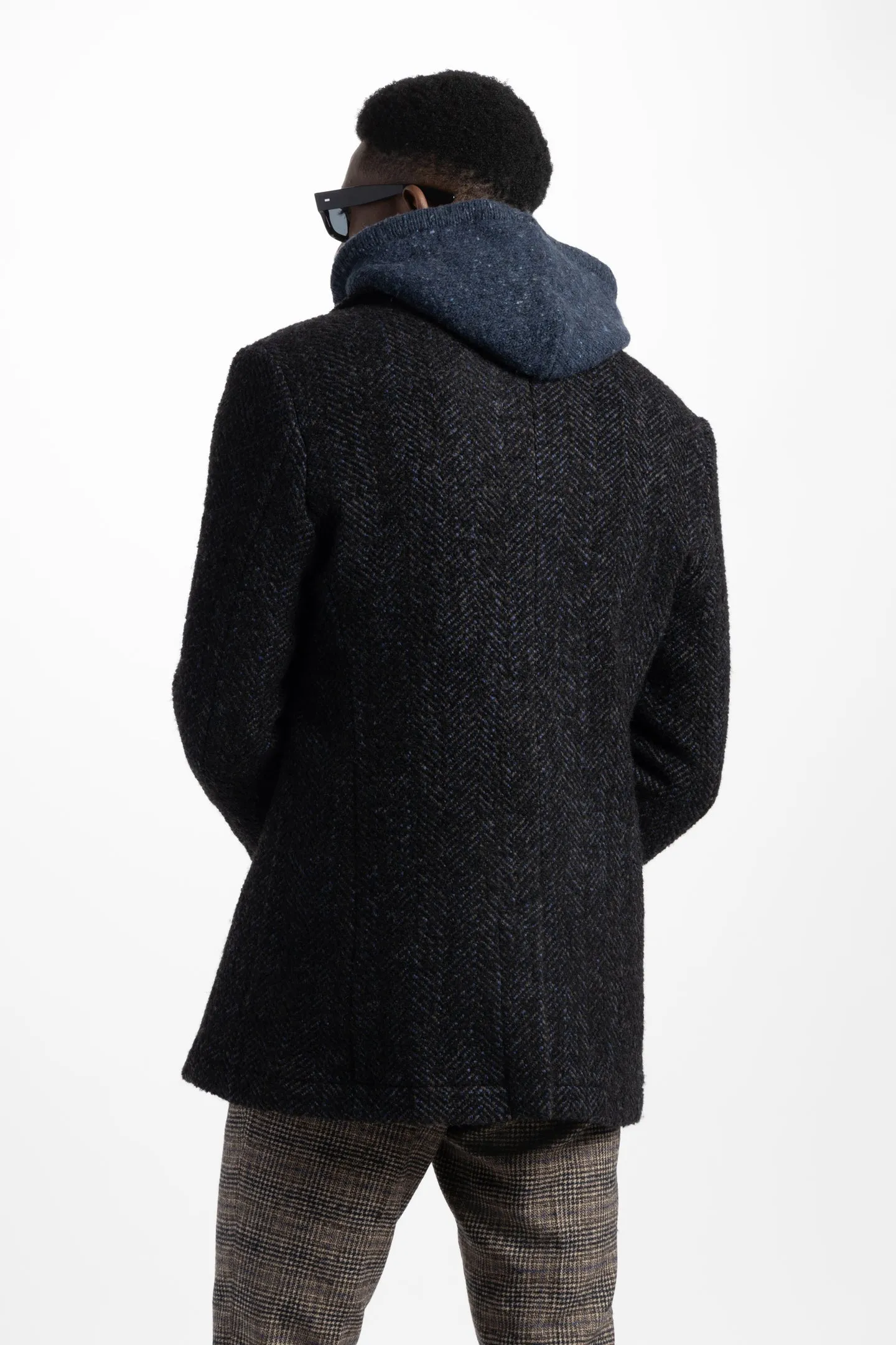 Soft Cloth Portland Peacoat in Boucle Herringbone - Black