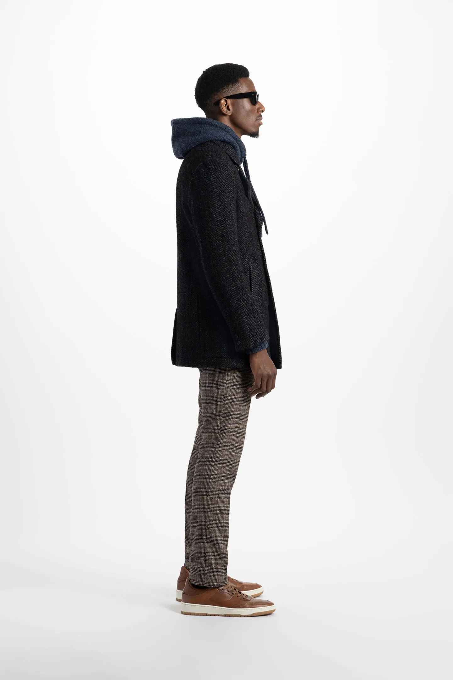 Soft Cloth Portland Peacoat in Boucle Herringbone - Black