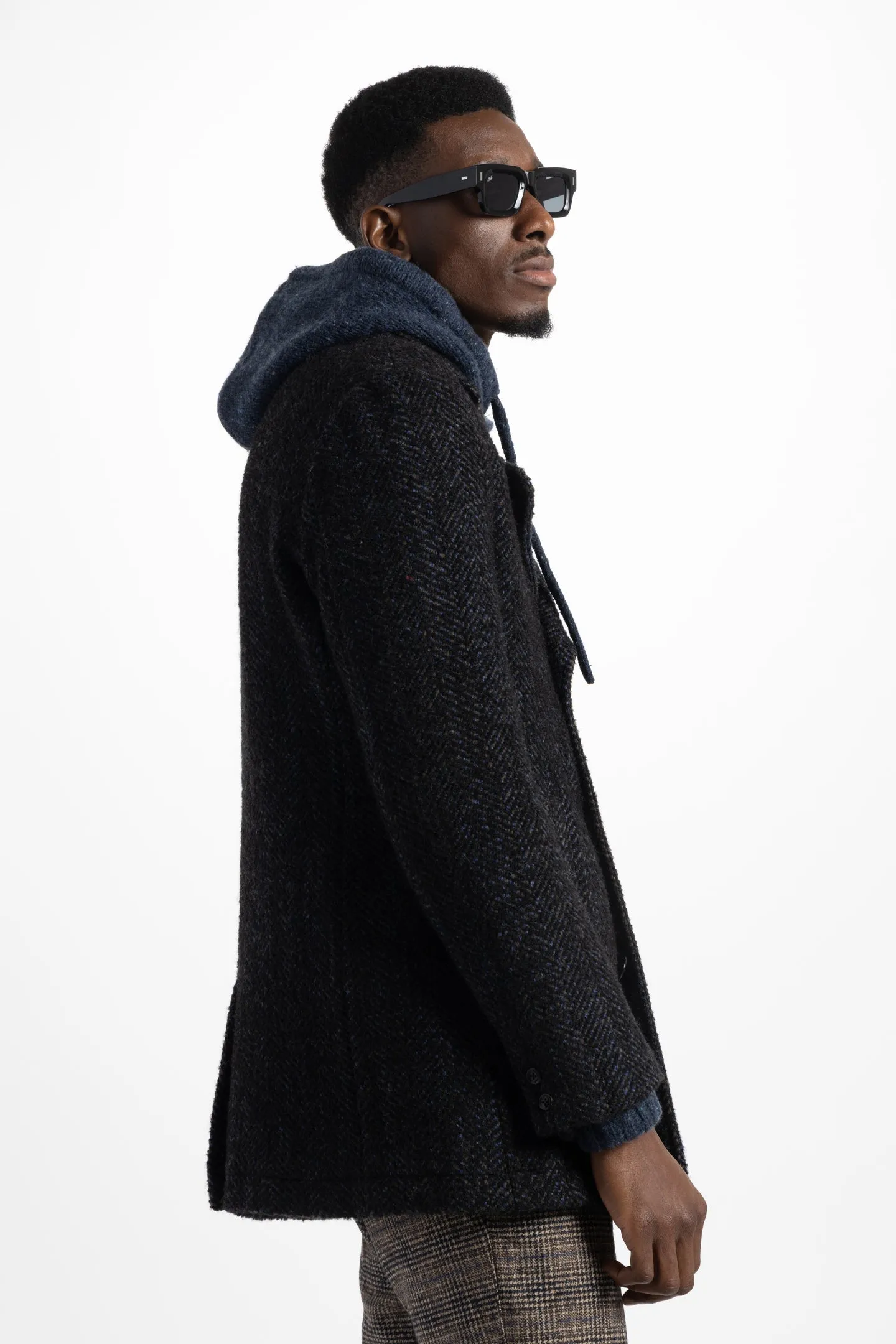 Soft Cloth Portland Peacoat in Boucle Herringbone - Black