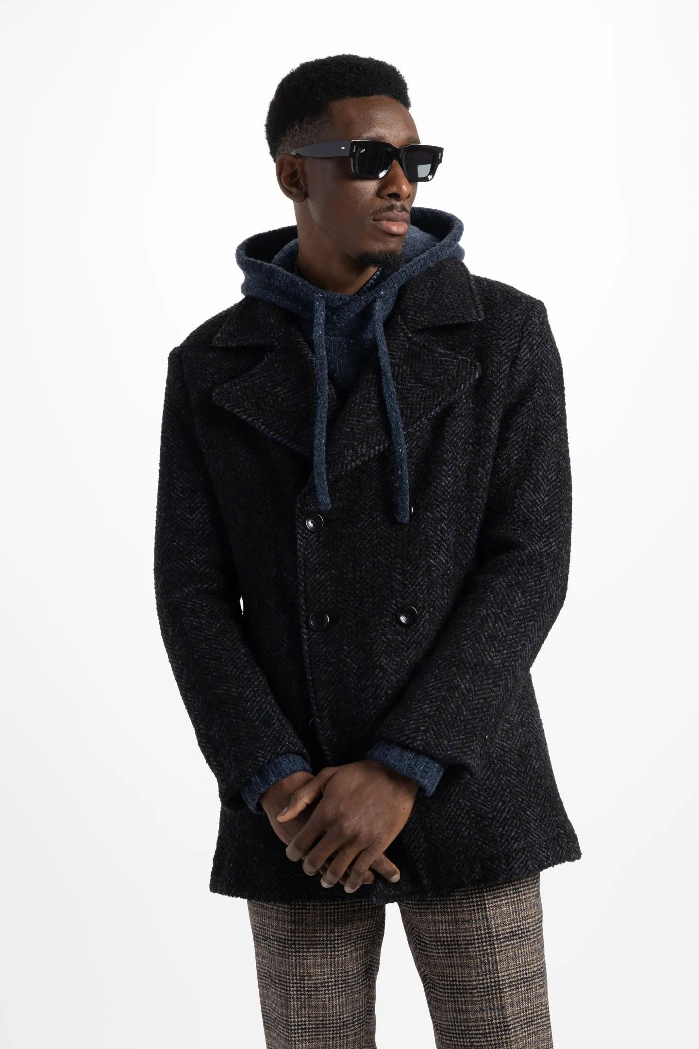 Soft Cloth Portland Peacoat in Boucle Herringbone - Black