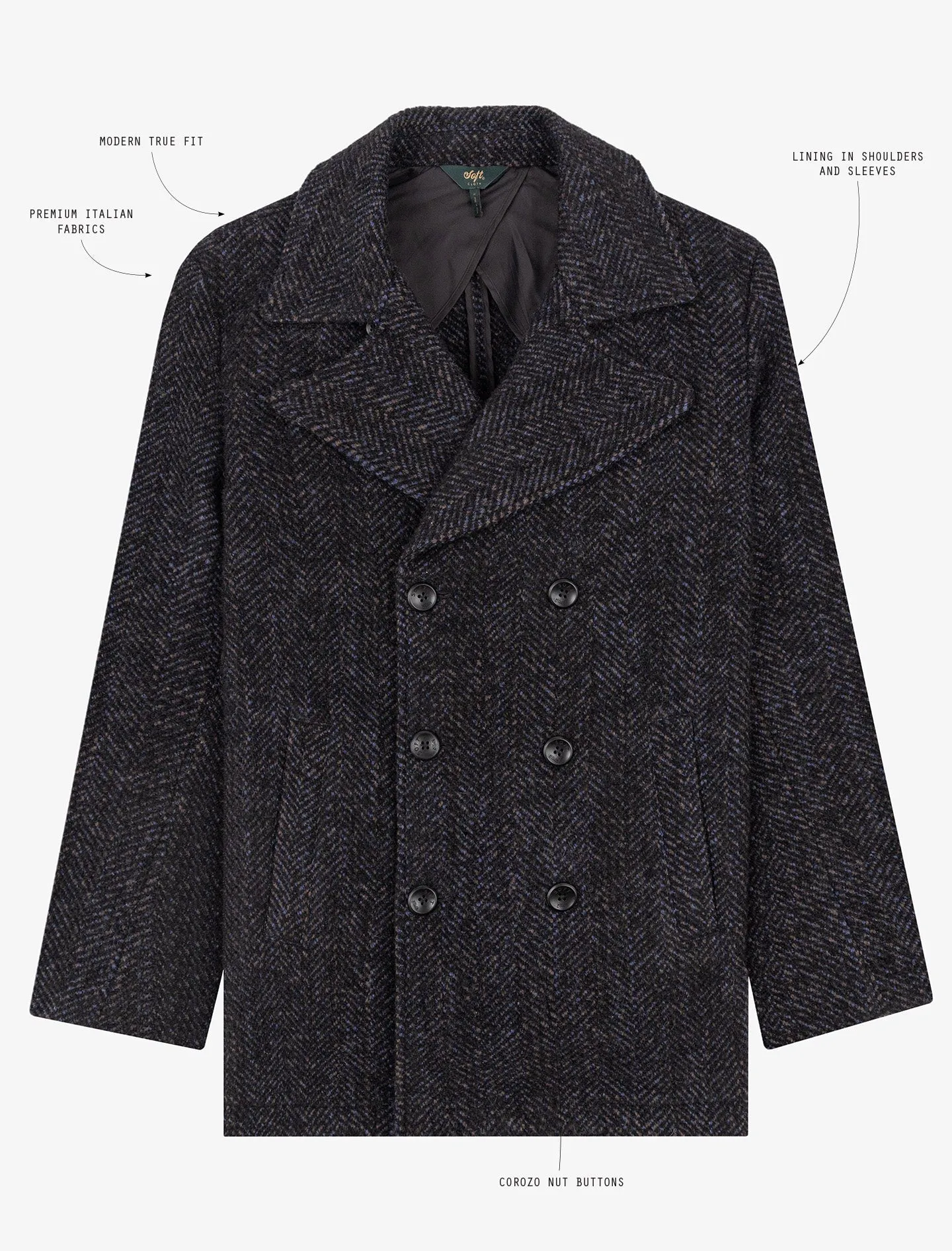 Soft Cloth Portland Peacoat in Boucle Herringbone - Black