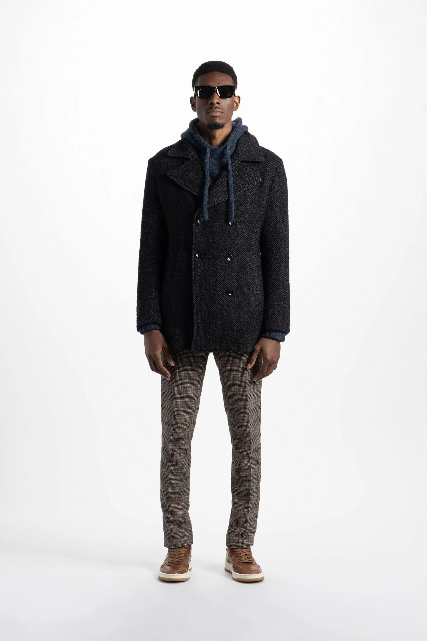 Soft Cloth Portland Peacoat in Boucle Herringbone - Black