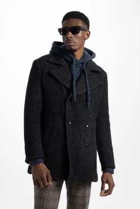 Soft Cloth Portland Peacoat in Boucle Herringbone - Black