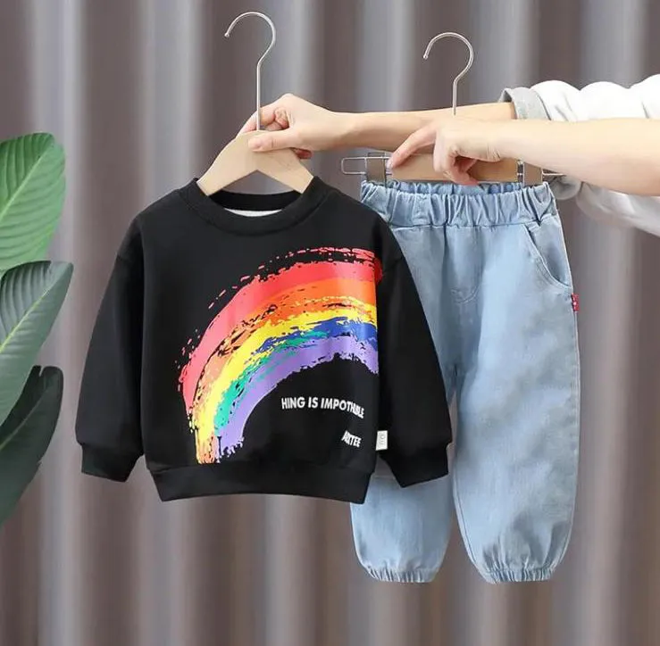 Spring Autumn Fashion Boys Clothes Kids Graffiti Rainbow T-shirts Jeans 2pcs/set Toddler Sport Clothes Children Tracksuits 20486267