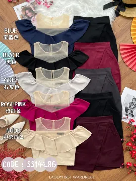 【SS14286】独家爆款两件式西装时装套装 透视网纱西装上衣➕西装高腰裤裙，内有里布裤子，有口袋