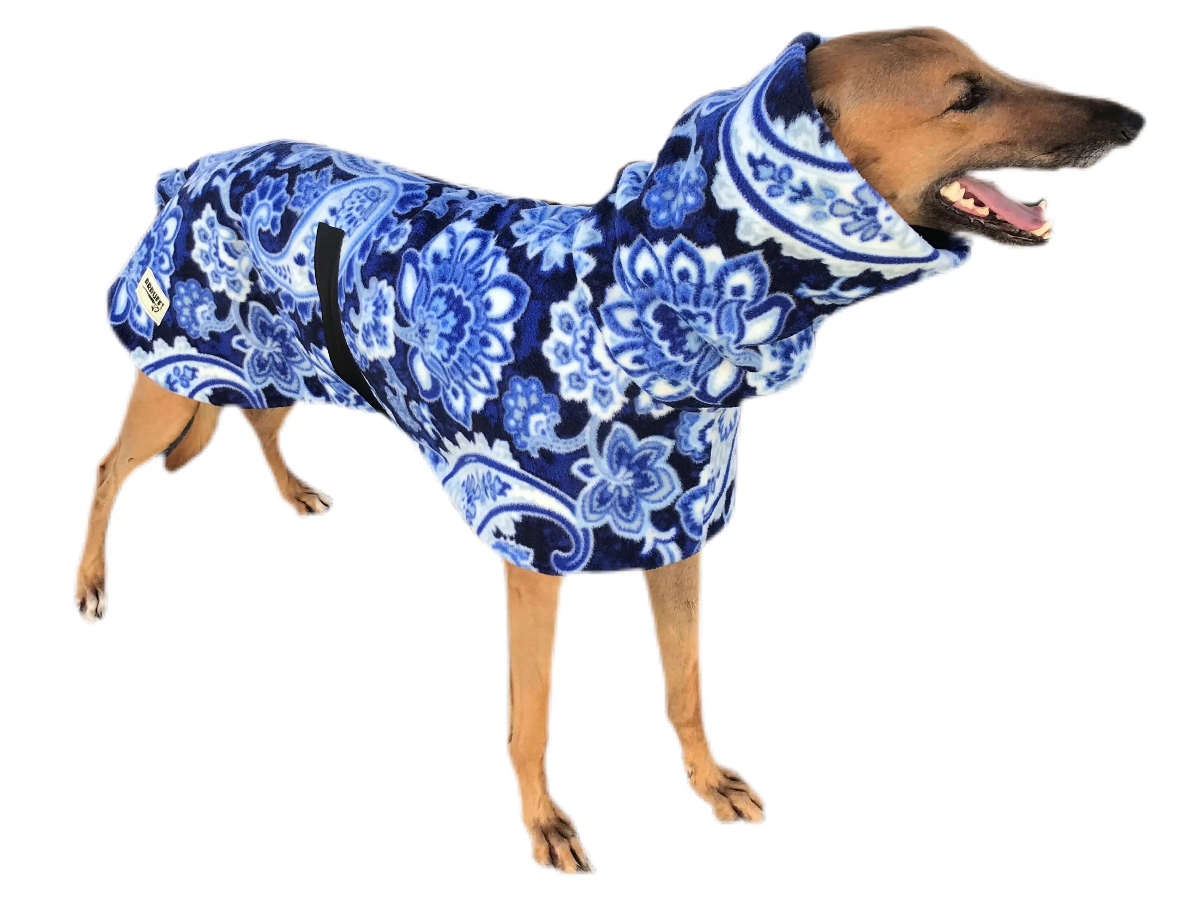 Swish & swirls of blue Greyhound Deluxe coat rug thick polar fleece washable extra wide neck hoodie