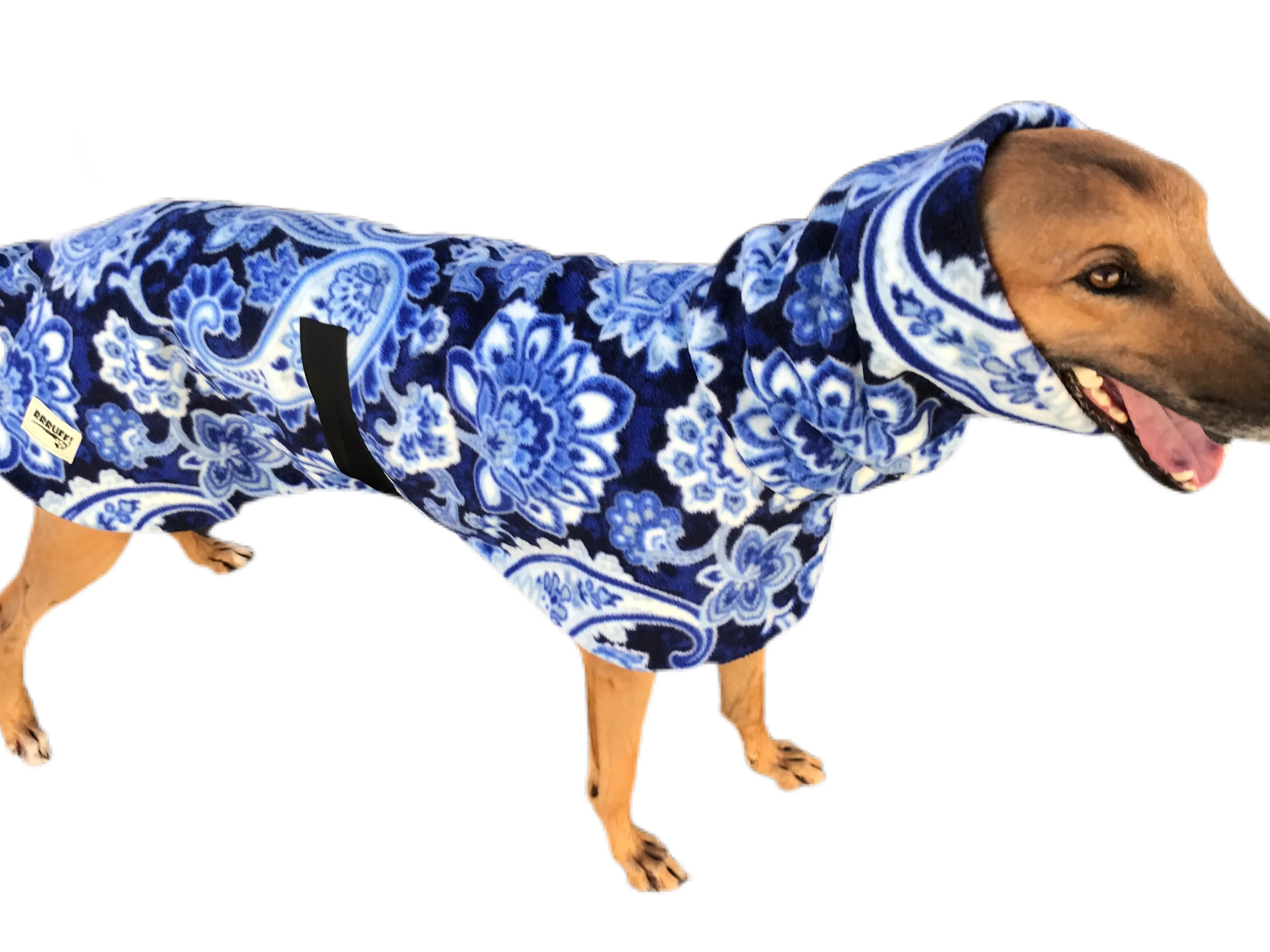 Swish & swirls of blue Greyhound Deluxe coat rug thick polar fleece washable extra wide neck hoodie