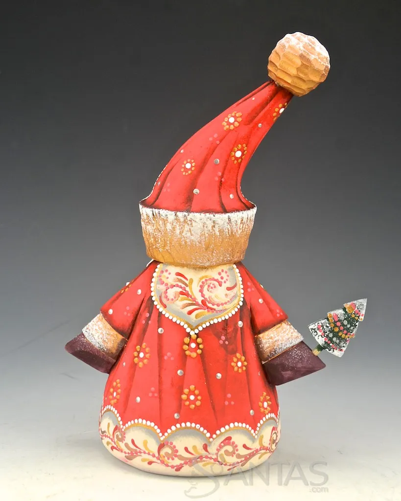Tall Hat Red Russian Santa with Tree 7.5 inches