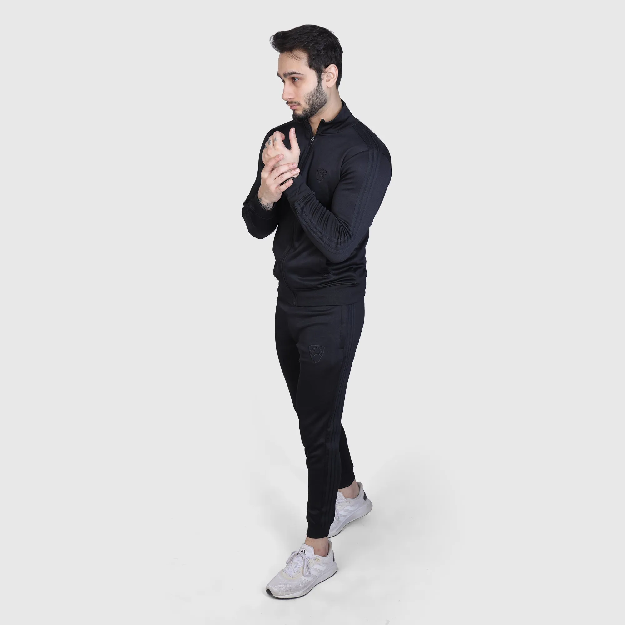 Three Stripes All Black Poly Fleece Tracksuit
