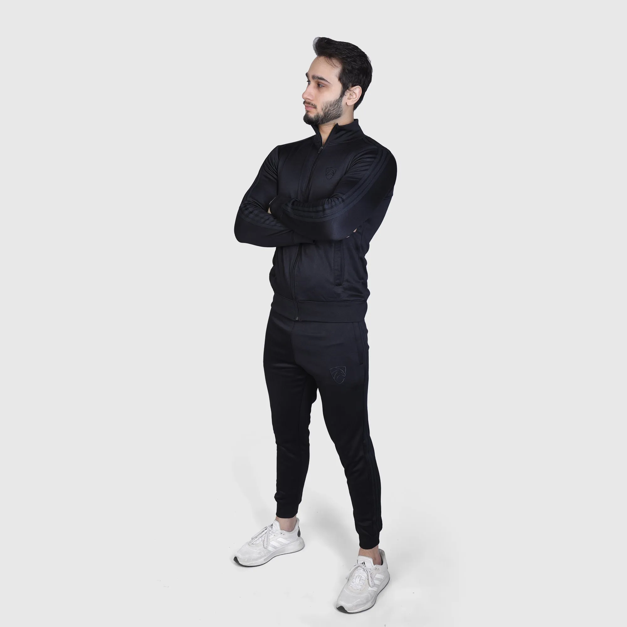 Three Stripes All Black Poly Fleece Tracksuit