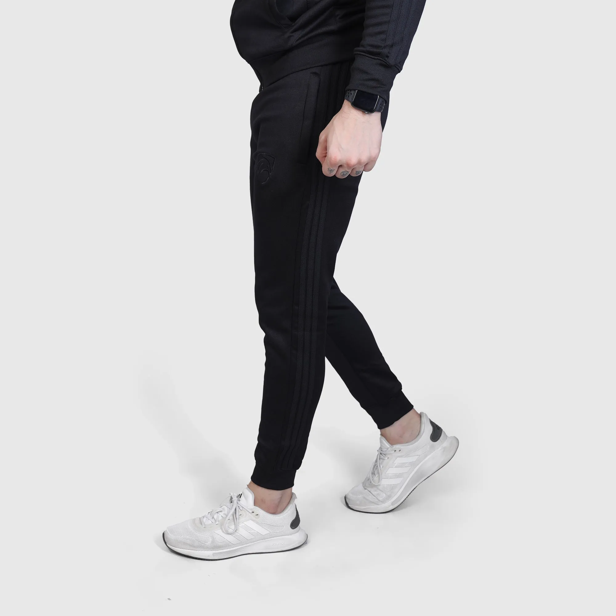 Three Stripes All Black Poly Fleece Tracksuit