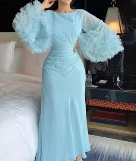 Tiered Puff Long Sleeves Prom Dresses Chiffon Arabia Customized Formal Midi 070632327