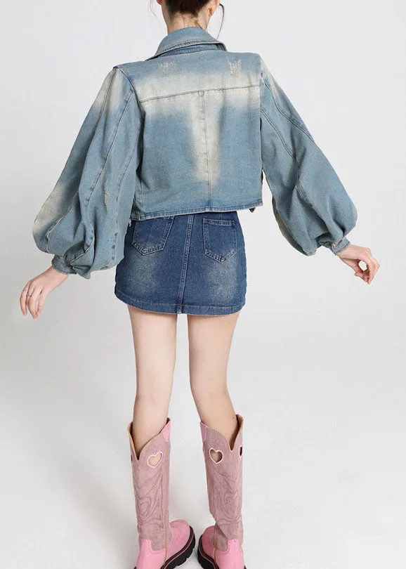 Vintage Blue Patchwork Denim Coats Lantern Sleeve LY0788