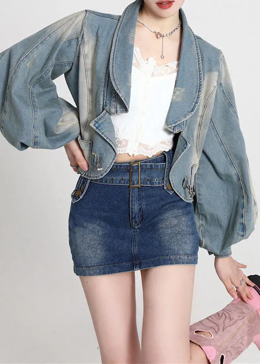 Vintage Blue Patchwork Denim Coats Lantern Sleeve LY0788