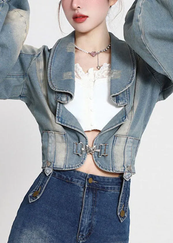 Vintage Blue Patchwork Denim Coats Lantern Sleeve LY0788