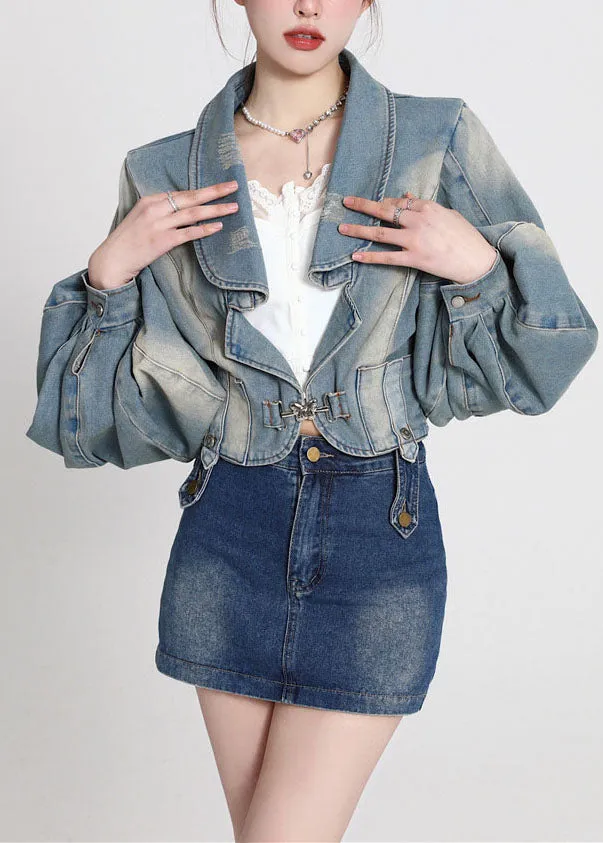 Vintage Blue Patchwork Denim Coats Lantern Sleeve LY0788