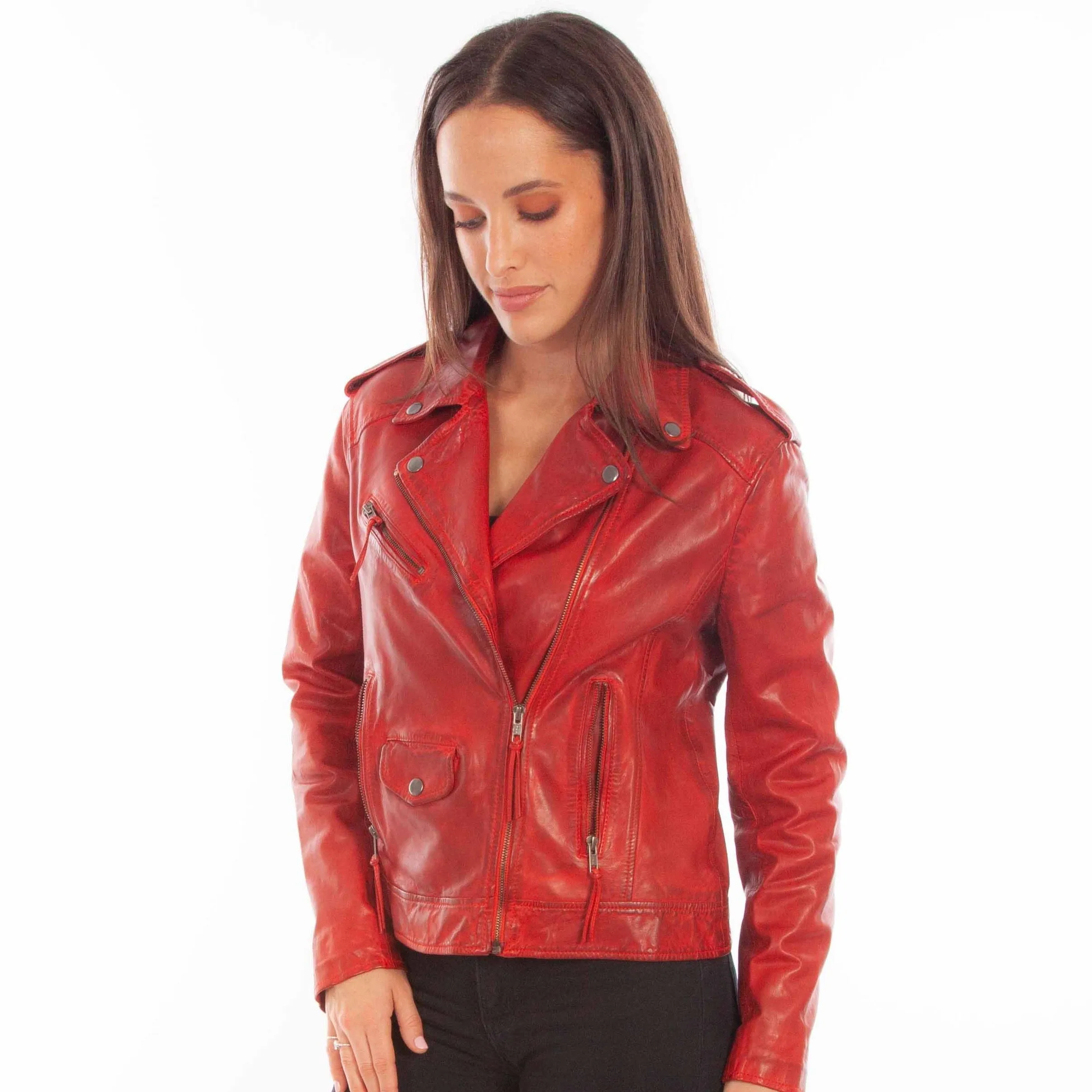 Vintage Red Leather Motorcycle Jacket at Bourbon Cowgirl