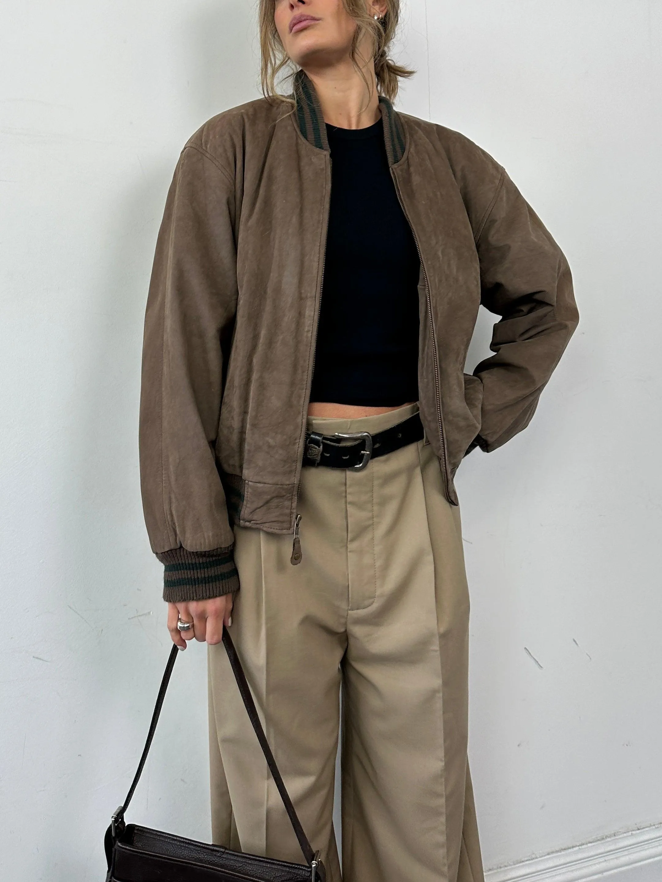 Vintage Varsity Nubuck Leather Bomber Jacket - M/L
