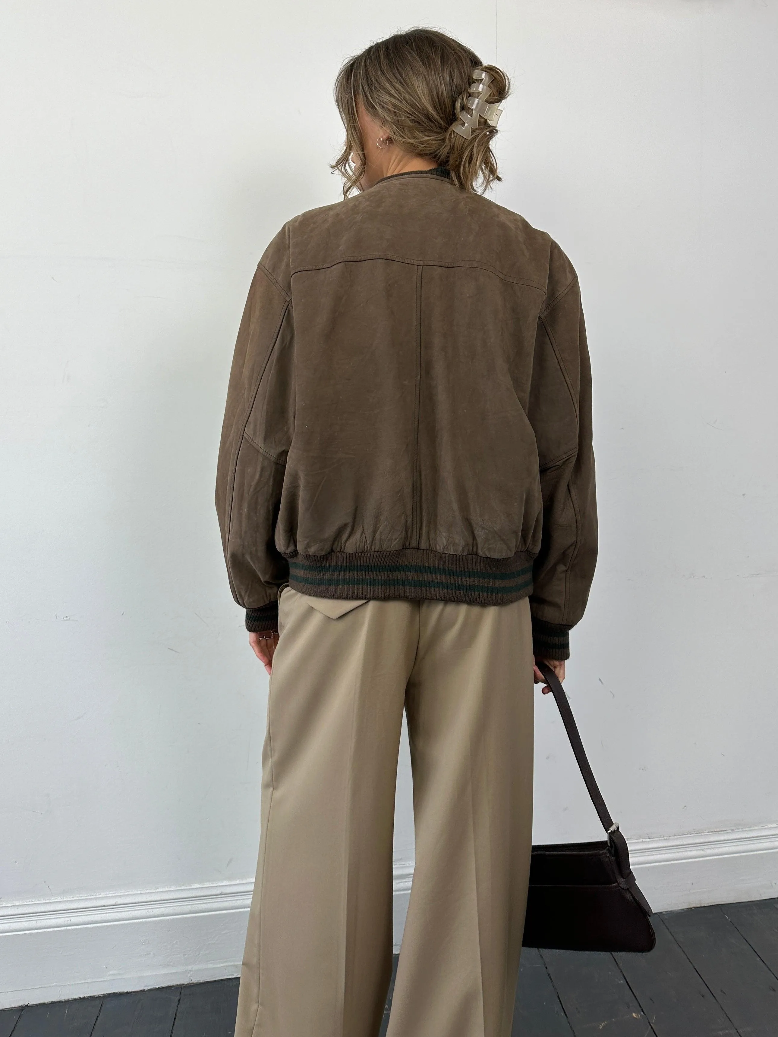 Vintage Varsity Nubuck Leather Bomber Jacket - M/L
