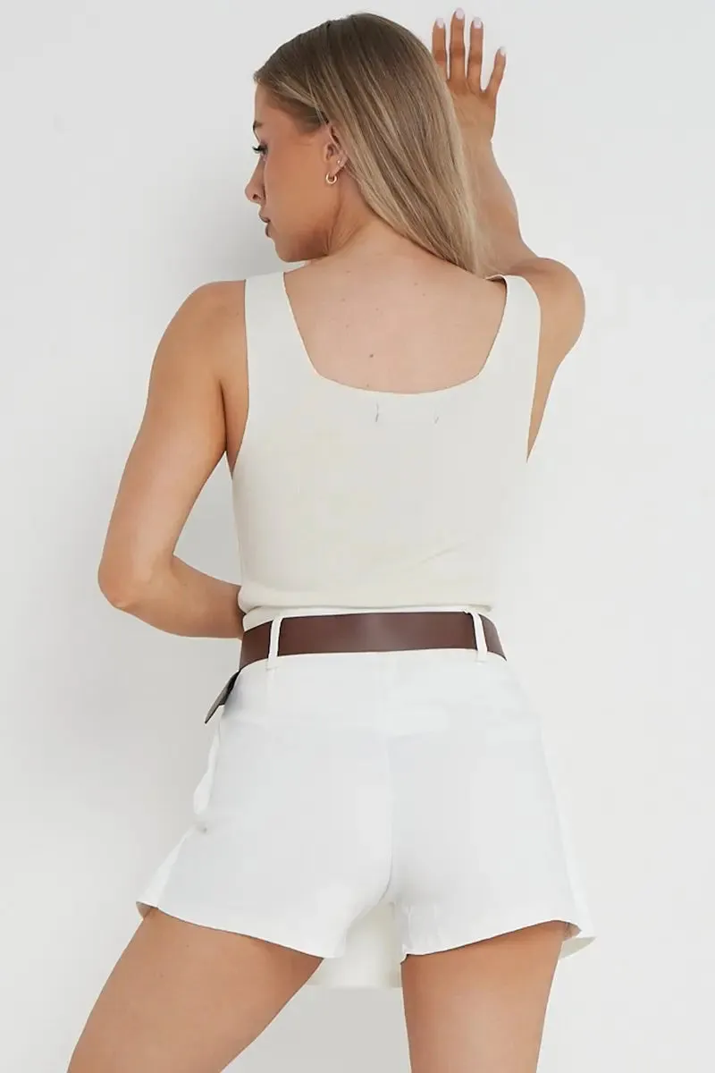 White Casual Belt Decor Skorts