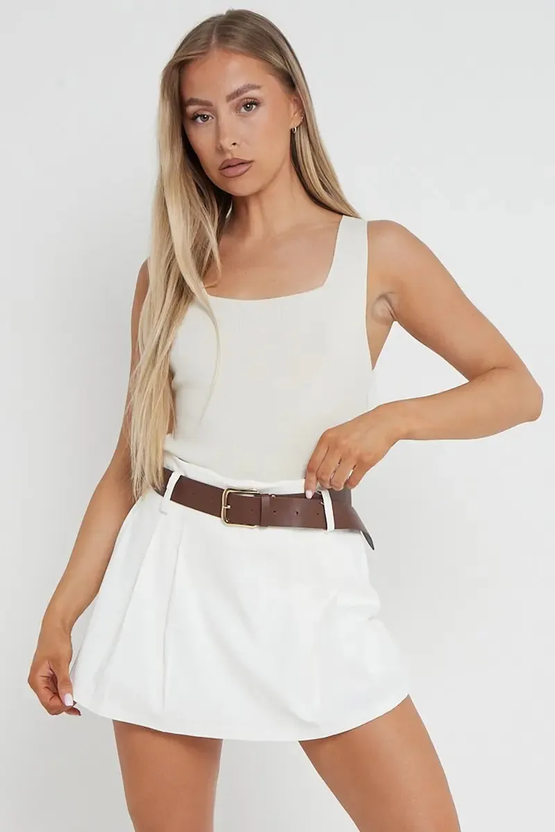 White Casual Belt Decor Skorts