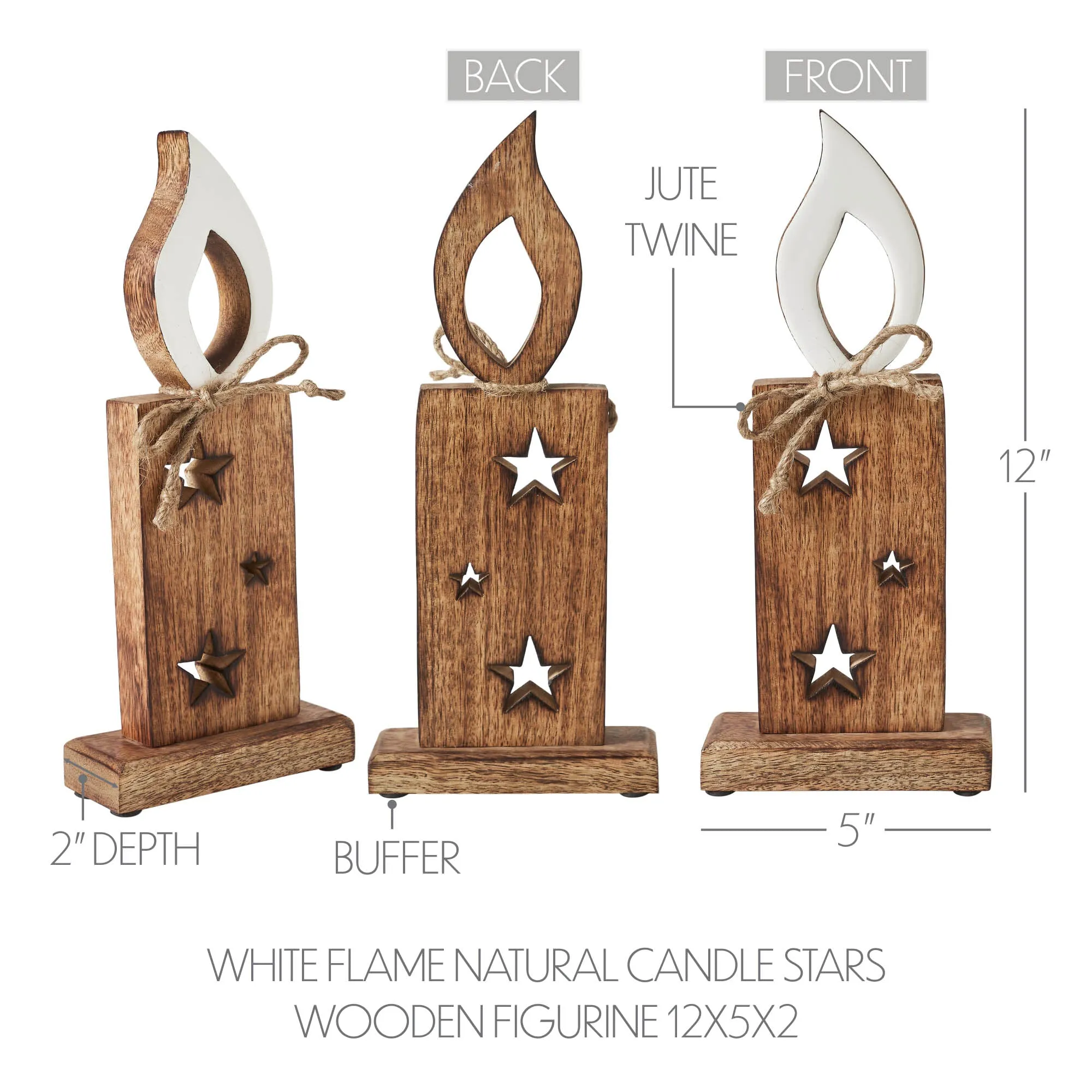 White Flame Natural Candle w/ Stars Wooden Figurine 12x5x2