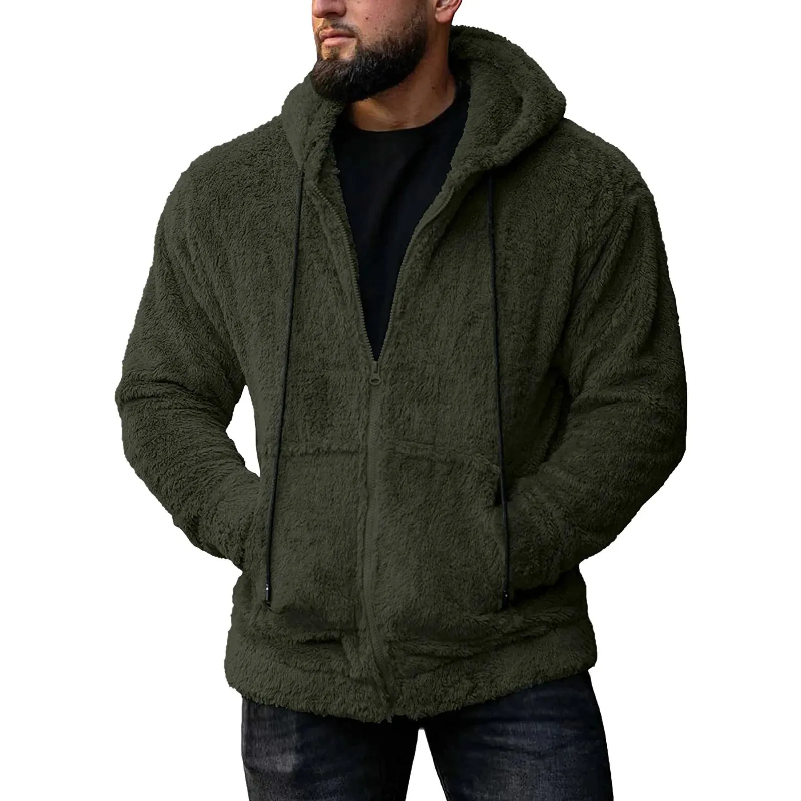 WIAOFELLAS  -  Autumn Winter Men's Fleece Hoodie Coats Solid Hooded Jackets Casual Loose Zipper Pocket Hoody Outwear Male Outdoor Sports Coats