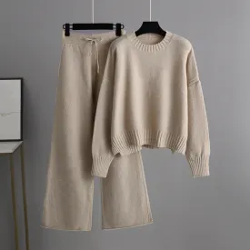 Winter Two Piece Knitted Set Women Outfit Casual Fashion Loose Sweater Wide Leg Pants Elegant Two-piece Tracksuits Suit L B-44585